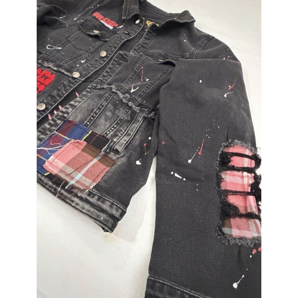 KLEEP Unisex Denim Jacket XS S Graffiti Patchwork Distressed Punk Streetwear - Picture 7 of 9